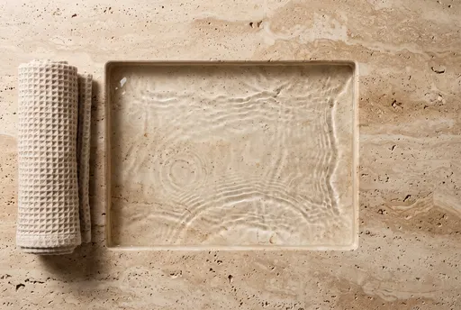 Overhead Travertine Basin and Waffle Towel
