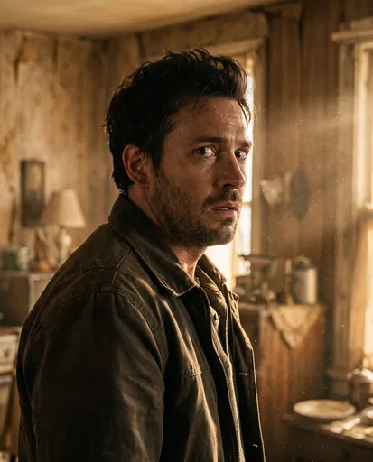 Fearful Man Glancing Back in Dusty Room