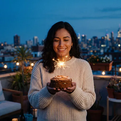 Woman Holding Sparkler Cake on Rooftop