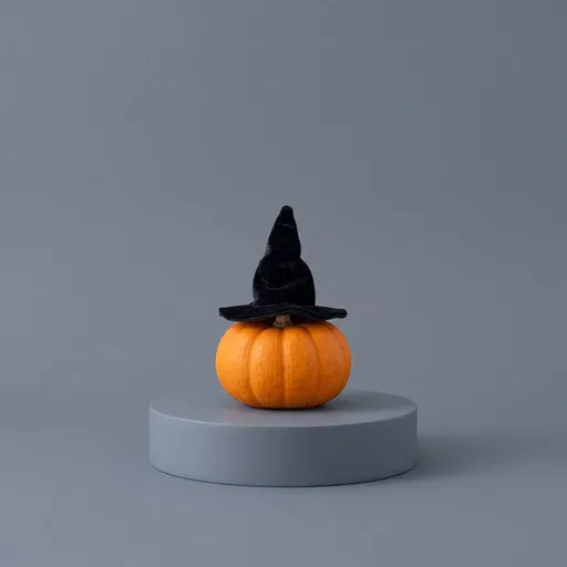 Small Pumpkin Wearing Black Velvet Witch Hat