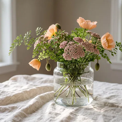 Apricot Poppies and Yarrow in Glass Jar