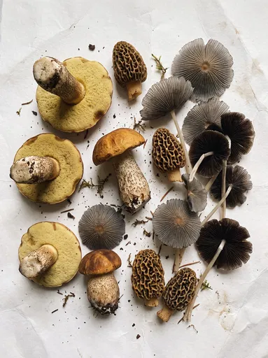 Overhead Arrangement of Wild Foraged Mushrooms