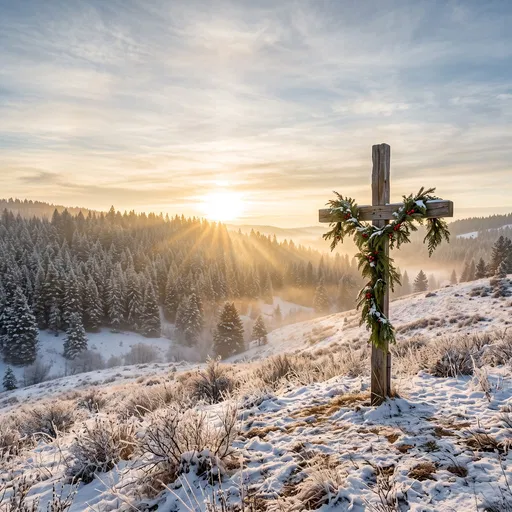 Wooden Cross on Snowy Hillside Sunrise