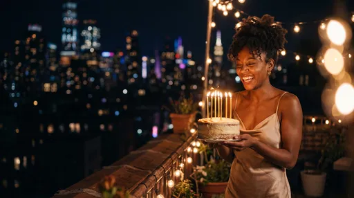Woman Holding Birthday Cake on Night Rooftop