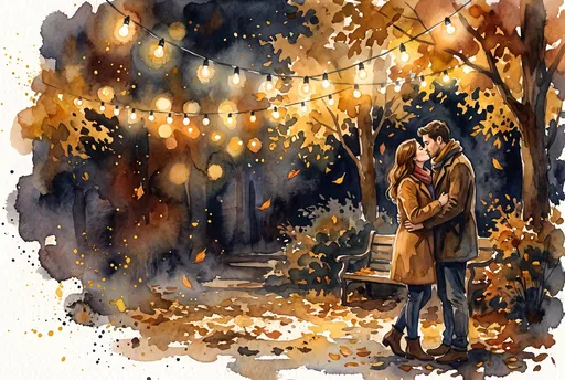 Watercolor Couple Kissing Under Autumn Lights