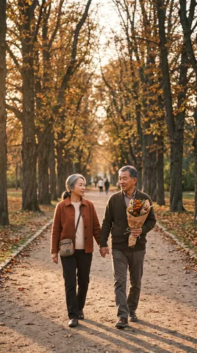 Senior Couple Walking in Autumn Park