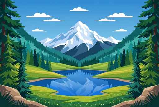 Flat Vector Alpine Mountain Lake Landscape