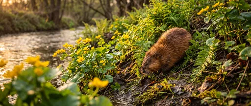 River Rodent Foraging on Sunlit Creek Bank