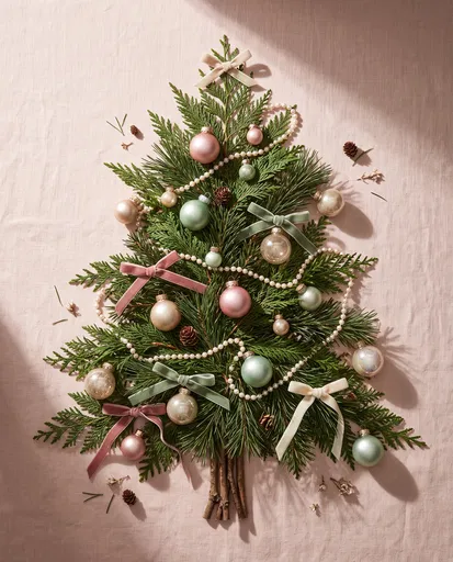 Pastel Christmas Tree Flat Lay on Linen