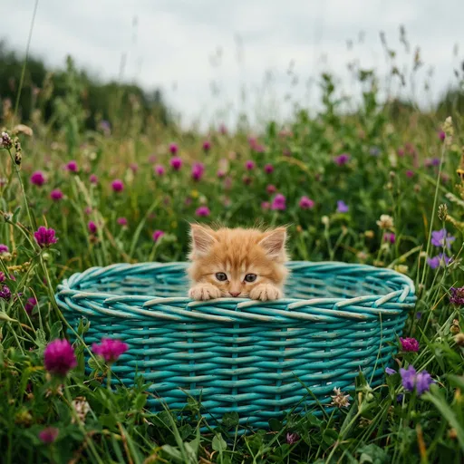 Ginger Kitten in Turquoise Basket