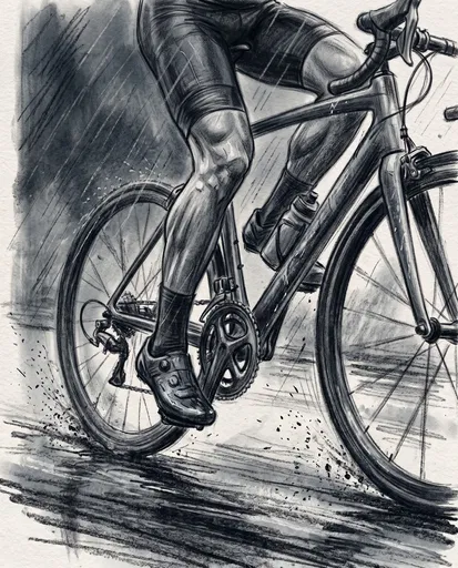 Charcoal Sketch of Cyclist Legs in Rain