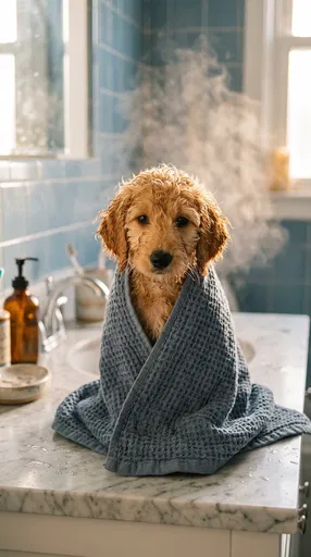 Wet Goldendoodle Puppy in Blue Towel