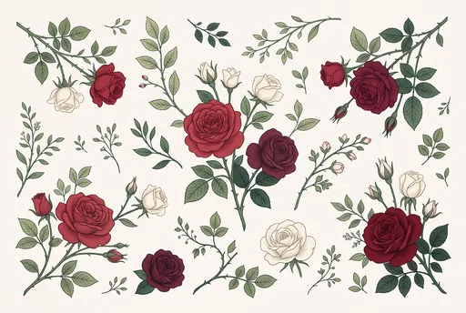 Botanical Illustration of Red and Ivory Roses