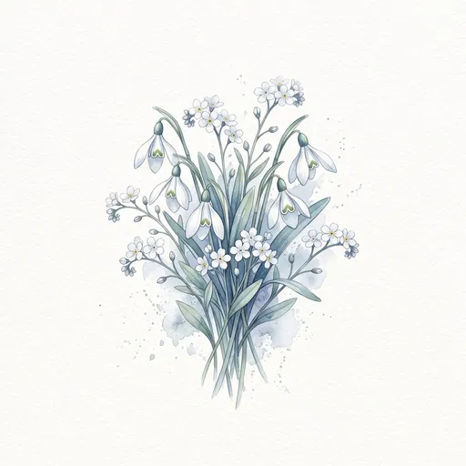 Watercolor Snowdrops and White Forget-Me-Not Bouquet