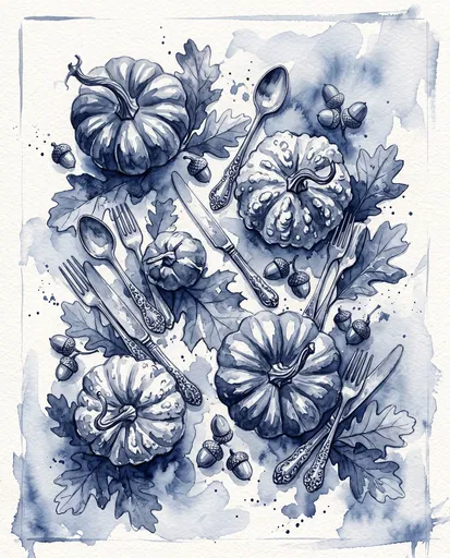 Indigo Watercolor Autumn Pumpkins and Silverware