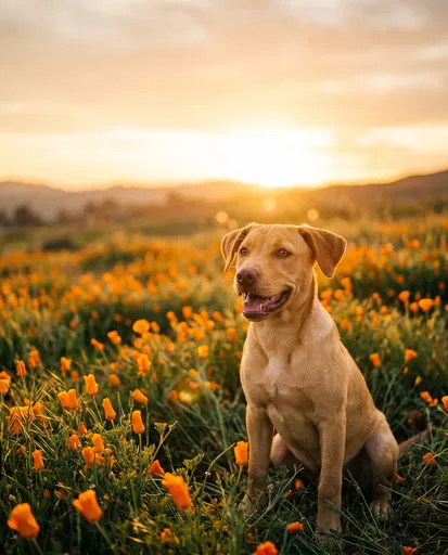 Yellow Dog in Golden Hour Poppy Field