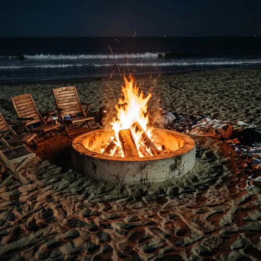 Beach Bonfire in Concrete Ring at Night