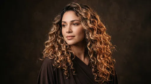 Woman with Caramel Balayage Curls in Studio