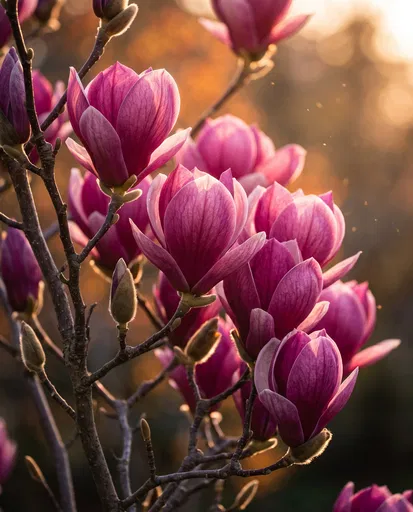 Backlit Purple Magnolia Blossoms in Spring