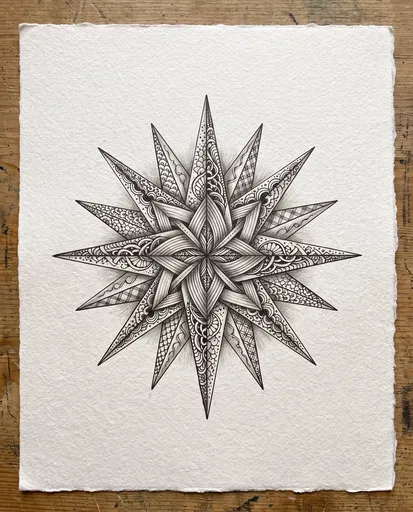 Intricate Zentangle Compass Star Drawing on Paper