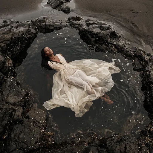 Woman Floating in Basalt Tide Pool