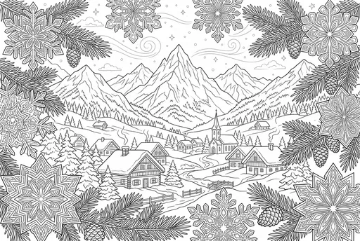 Winter Alpine Village and Snowflakes Coloring Page