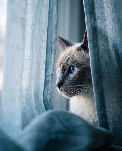 Siamese Cat Peeking Through Blue Curtains