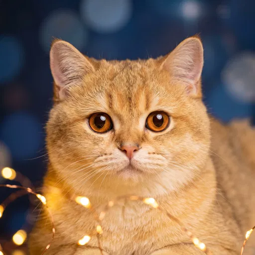 Golden British Shorthair Cat With Fairy Lights