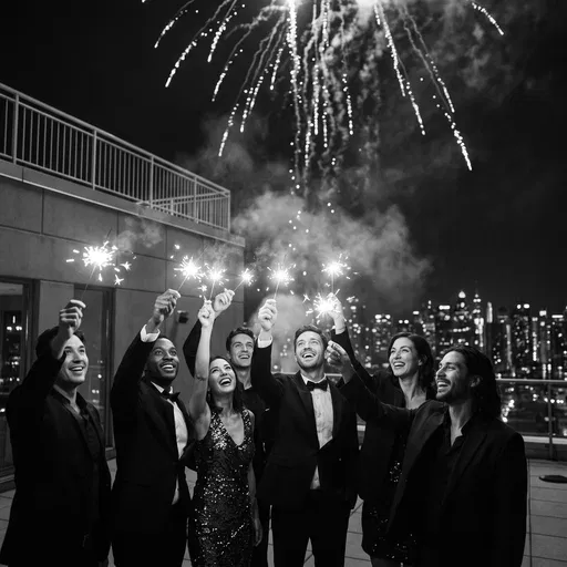 Friends Celebrating With Sparklers on Rooftop