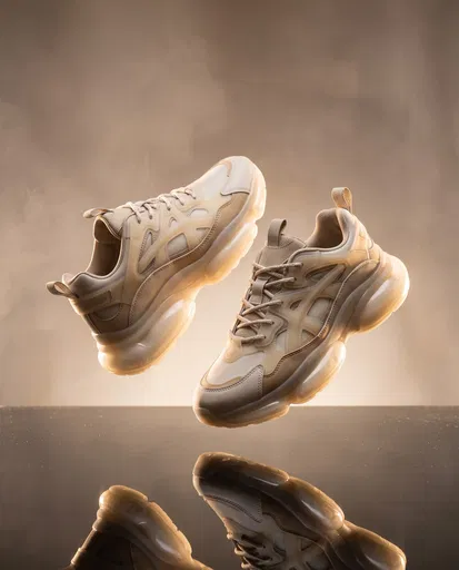 Floating Beige Chunky Sneakers Over Reflective Surface