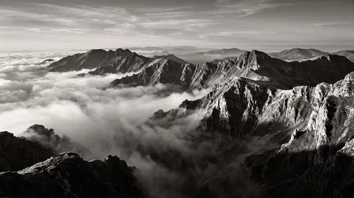 Monochrome Mountain Ridges Above Fog