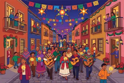 Festive Mexican Posada Street Procession Illustration