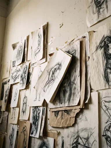 Charcoal Figure Sketches Pinned on Wall