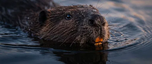 Close-Up of Beaver Swimming at Twilight