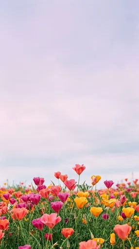 Colorful California Poppies Under Pastel Sky