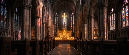 Glowing Cross Above Candlelit Cathedral Altar