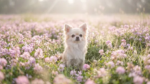 Cream Chihuahua in Pink Flower Meadow