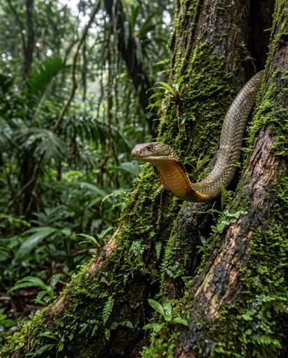 King Cobra on Mossy Rainforest Tree
