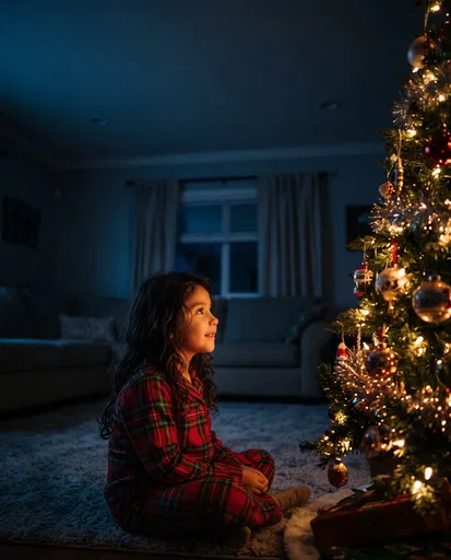 Girl Gazing at Glowing Christmas Tree
