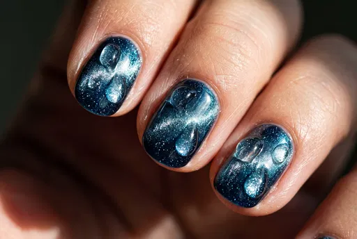 Blue Cat-Eye Manicure with Droplets