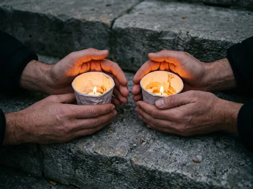 Hands Shielding Candle Cups on Stone