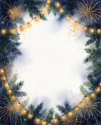 Watercolor Holiday Frame with Lights and Fireworks