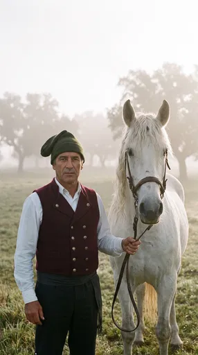 Portuguese Horseman With White Horse in Mist