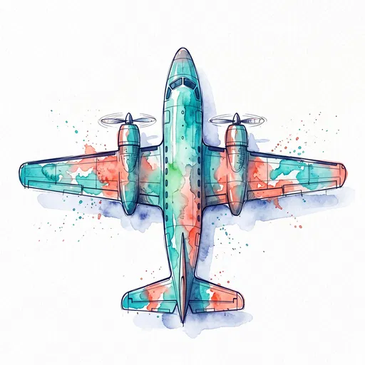 Watercolor Twin-Propeller Airplane Top View