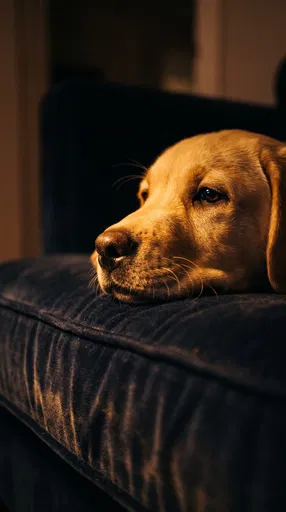 Yellow Labrador Puppy Resting on Sofa