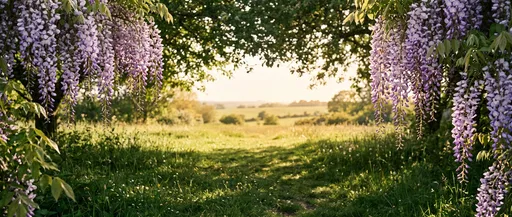 Wisteria Vines Framing Sunlit Meadow