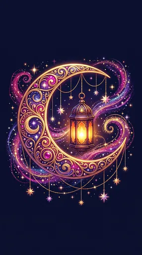 Ornate Crescent Moon and Glowing Lantern
