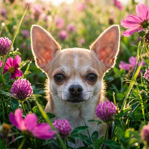 Chihuahua Portrait in Blooming Wildflower Field