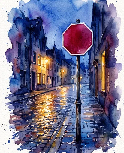Watercolor Blank Stop Sign on Cobblestone Street
