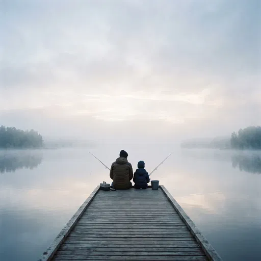 Father and Son Fishing on Misty Dock